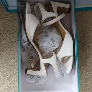 White open toe, ankle strap heels